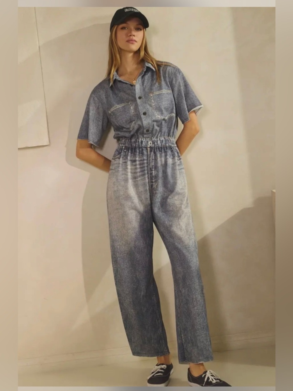 👖NWOT FAUX Denim (Sweatpant material) Elastic Waist Jumpsuit in Washed Blue